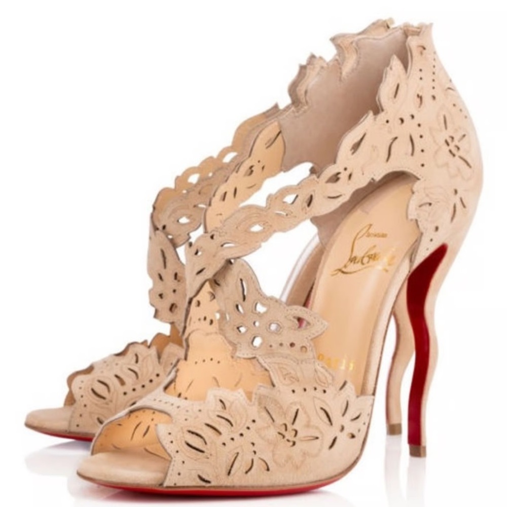 Christian Louboutin Beige Laser-Cut Peep-Toe Heels with Red Soles